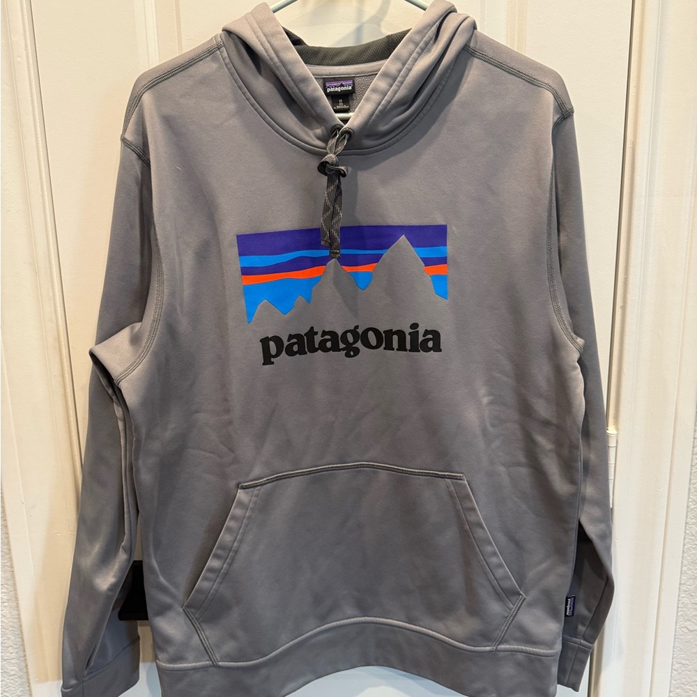Patagonia Gray and Blue Logo Hoodie